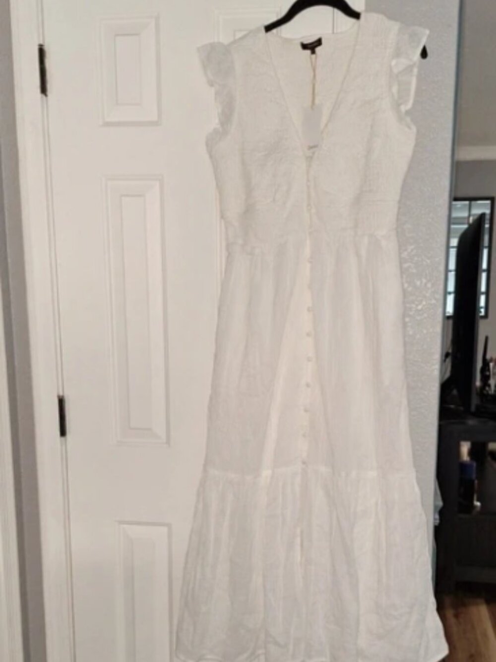 Quince Organic Textured Cotton Smocked V-Neck Midi Dress White S NWT